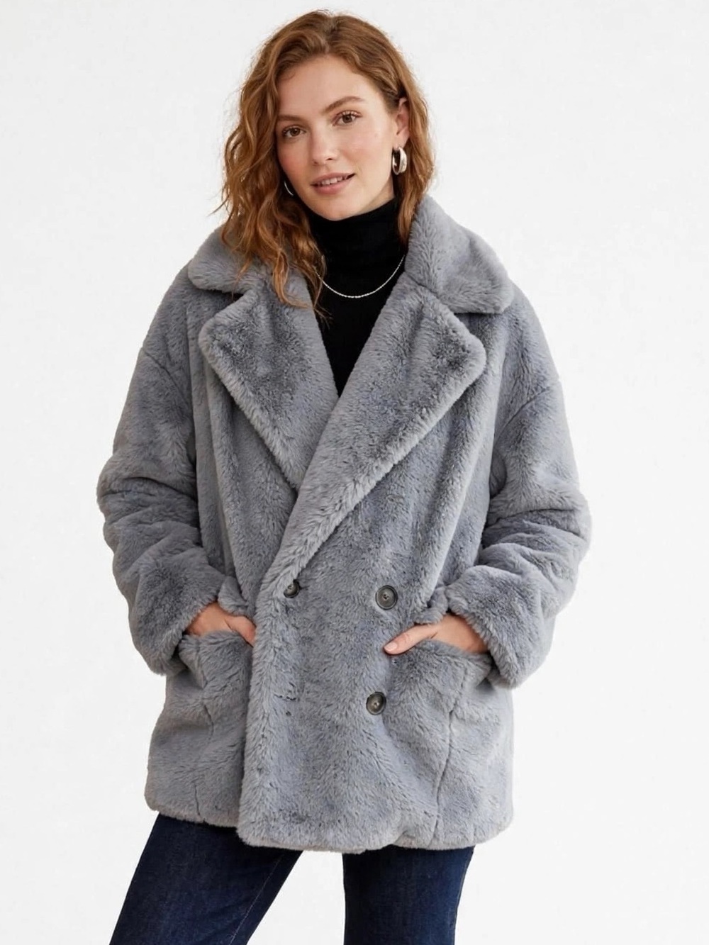 FREE PEOPLE  Gray Faux Fur Teddy Coat Oversized Double Breasted